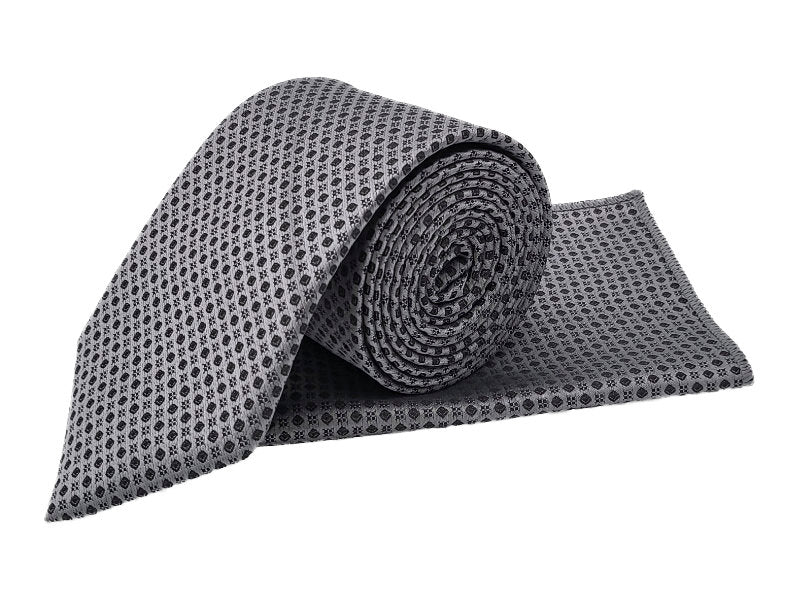 Silver & black patterned tie and pocket square set