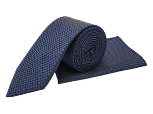 Black & royal blue patterned tie and pocket square set