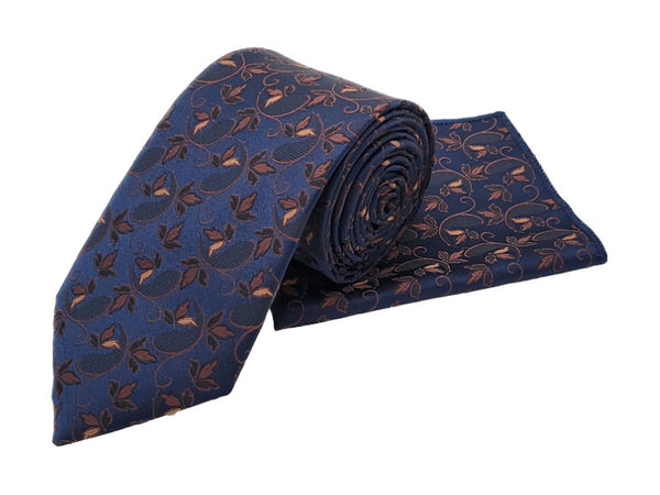 Navy & brown floral tie and pocket square set