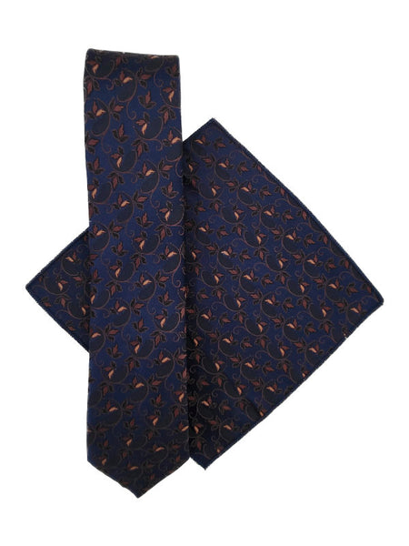 Navy & brown floral tie and pocket square set