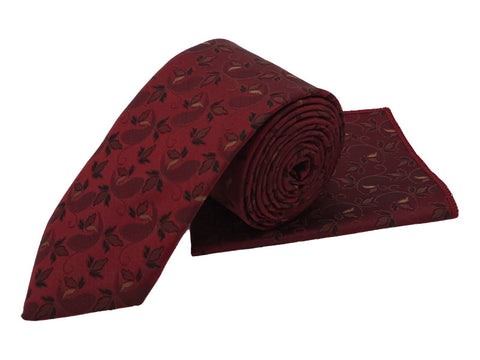 Maroon & brown floral tie and pocket square set