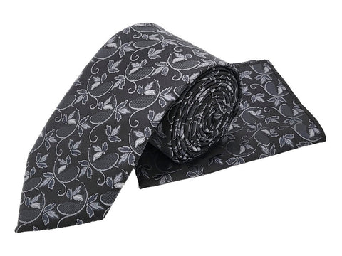 Black & silver floral tie and pocket square set