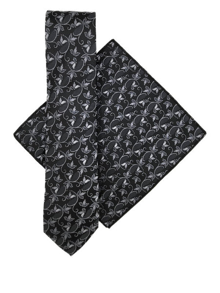 Black & silver floral tie and pocket square set