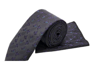 Black & purple floral tie and pocket square set