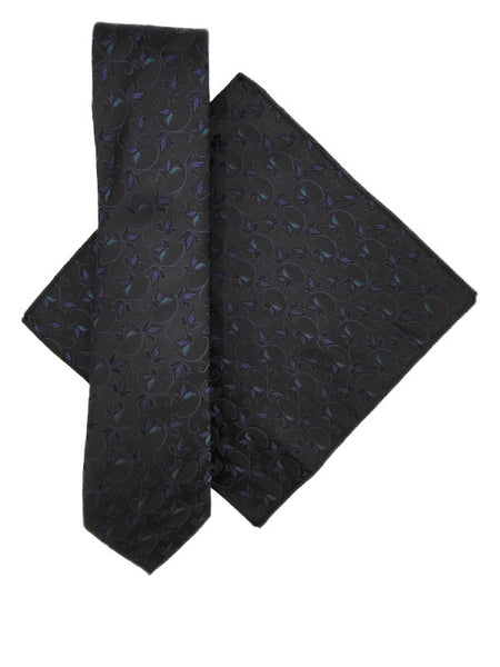 Black & purple floral tie and pocket square set