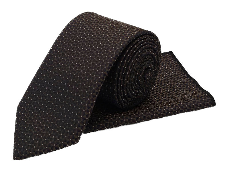 Navy & bronze geometric patterned tie and pocket square set