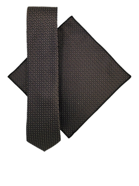 Navy & bronze geometric patterned tie and pocket square set