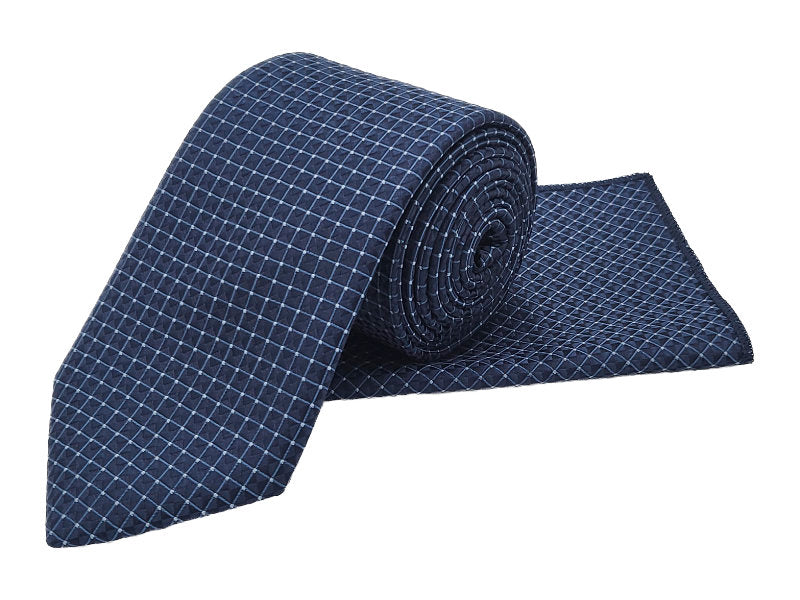 Steel blue & light blue geometric patterned tie and pocket square set