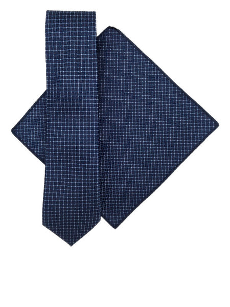 Steel blue & light blue geometric patterned tie and pocket square set