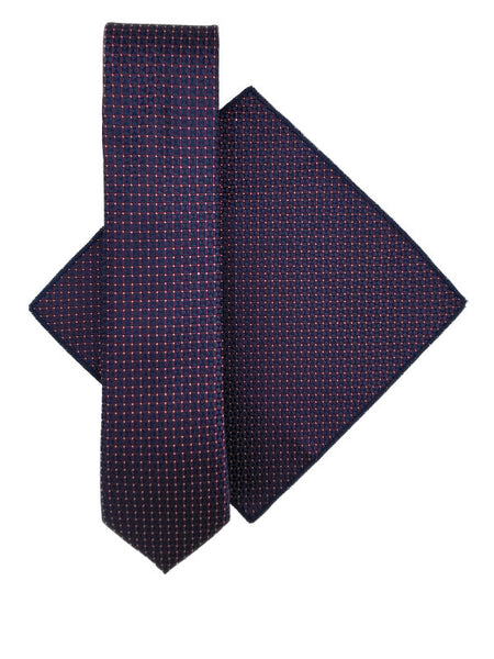 Navy & maroon geometric patterned tie and pocket square set