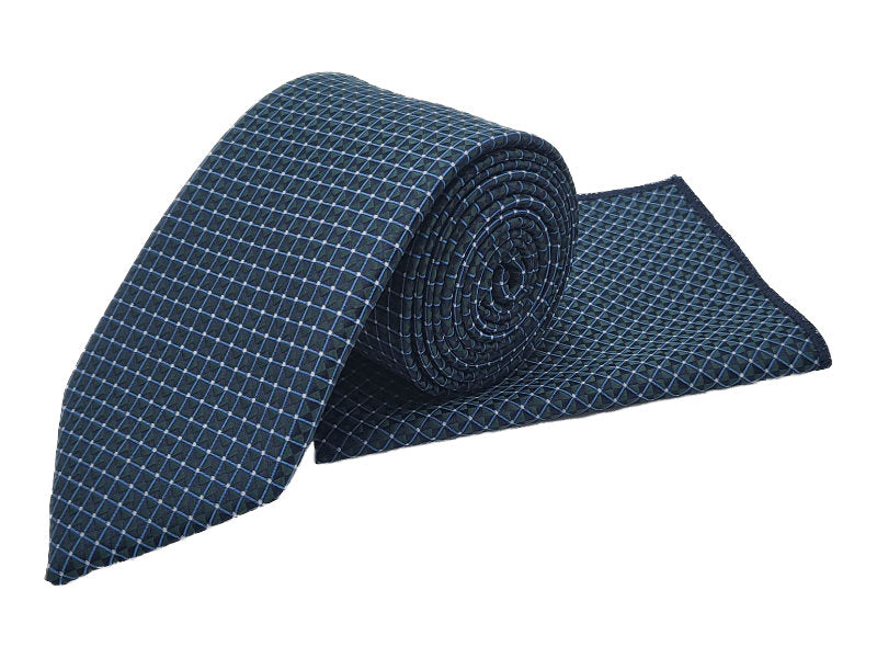 Teal & blue geometric patterned tie & pocket square set