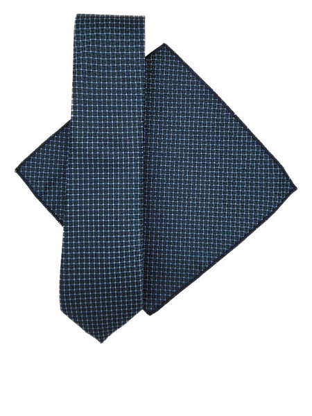 Teal & blue geometric patterned tie & pocket square set