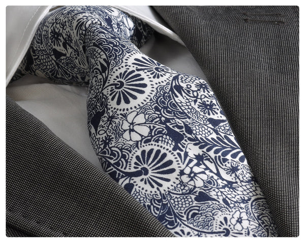 Blue and white floral cotton tie