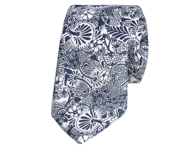 Blue and white floral cotton tie