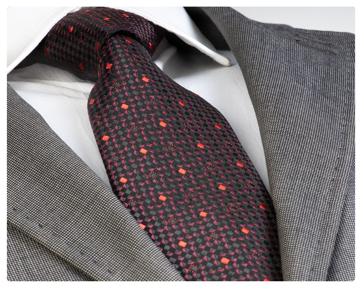 Red and black square patterned jacquard woven tie