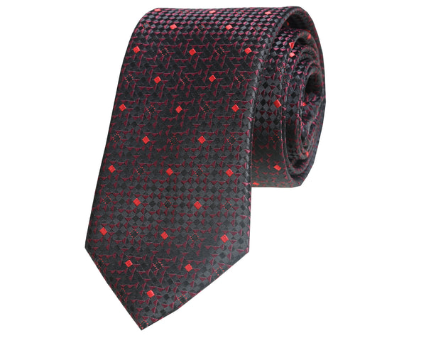 Red and black square patterned jacquard woven tie