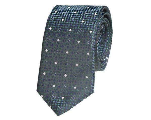 Green and blue square patterned jacquard woven tie