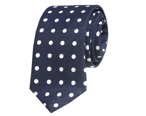 Navy and white polka dot cotton tie