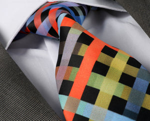 Multi-coloured checked satin tie