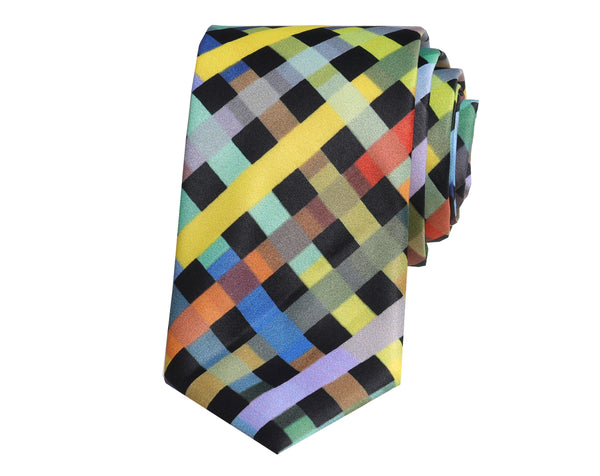 Multi-coloured checked satin tie